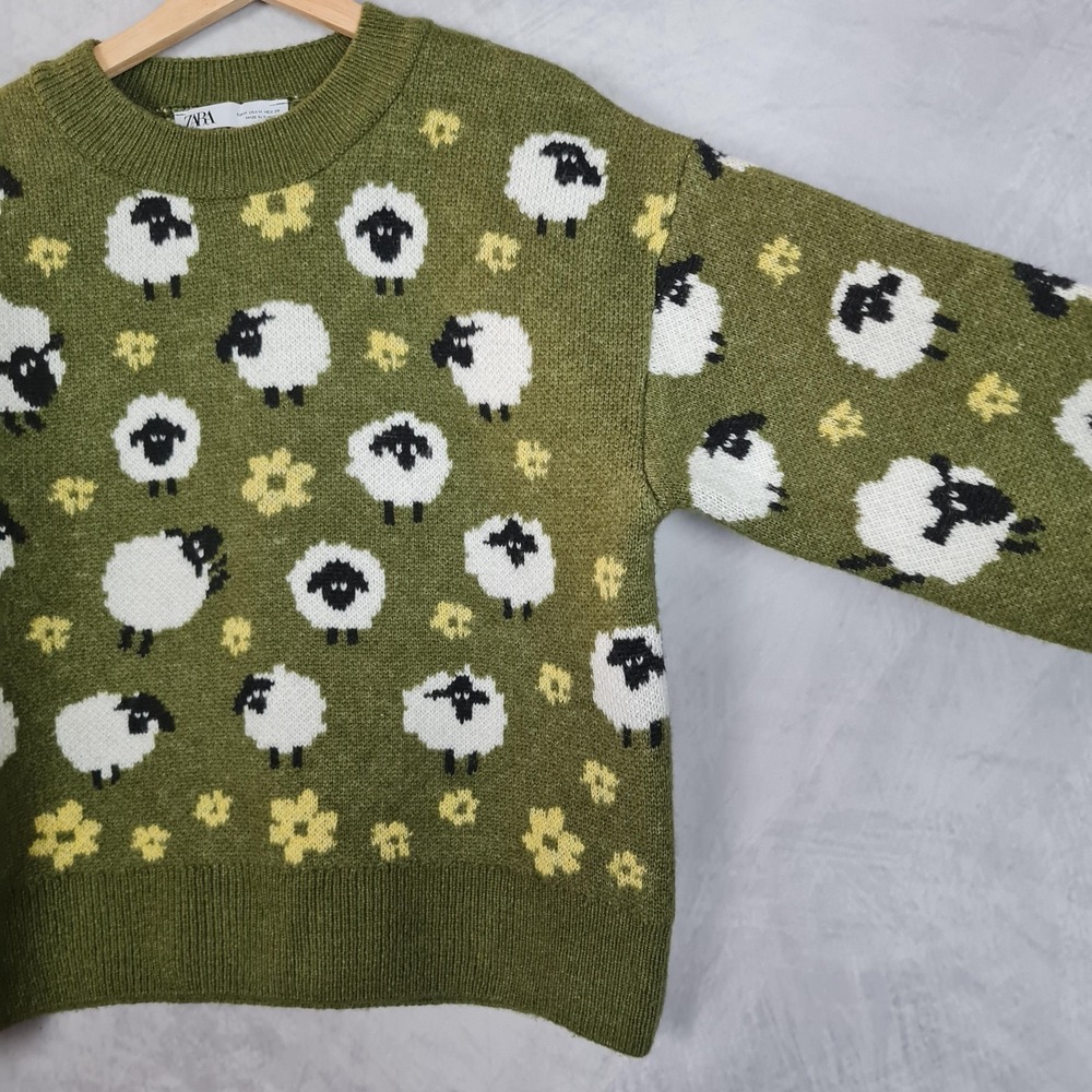 Zara Sweater Womens Medium Green Sheep Floral Graphic Knit Pullover Kawaii - Picture 4 of 16